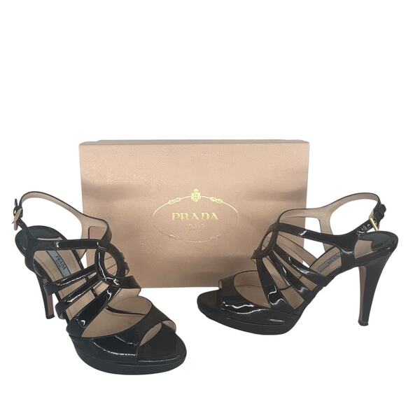 Prada Patent Leather Vitello Strappy Open Toe Heeled Sandals in Black - Picture 2 of 14